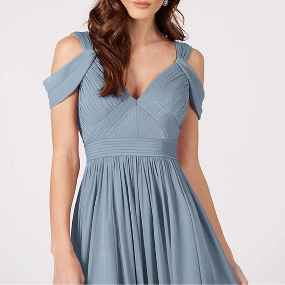 Azazie Calla Maxi dress dusty blue mesh sz 6 NWOT - Picture 3 of 5